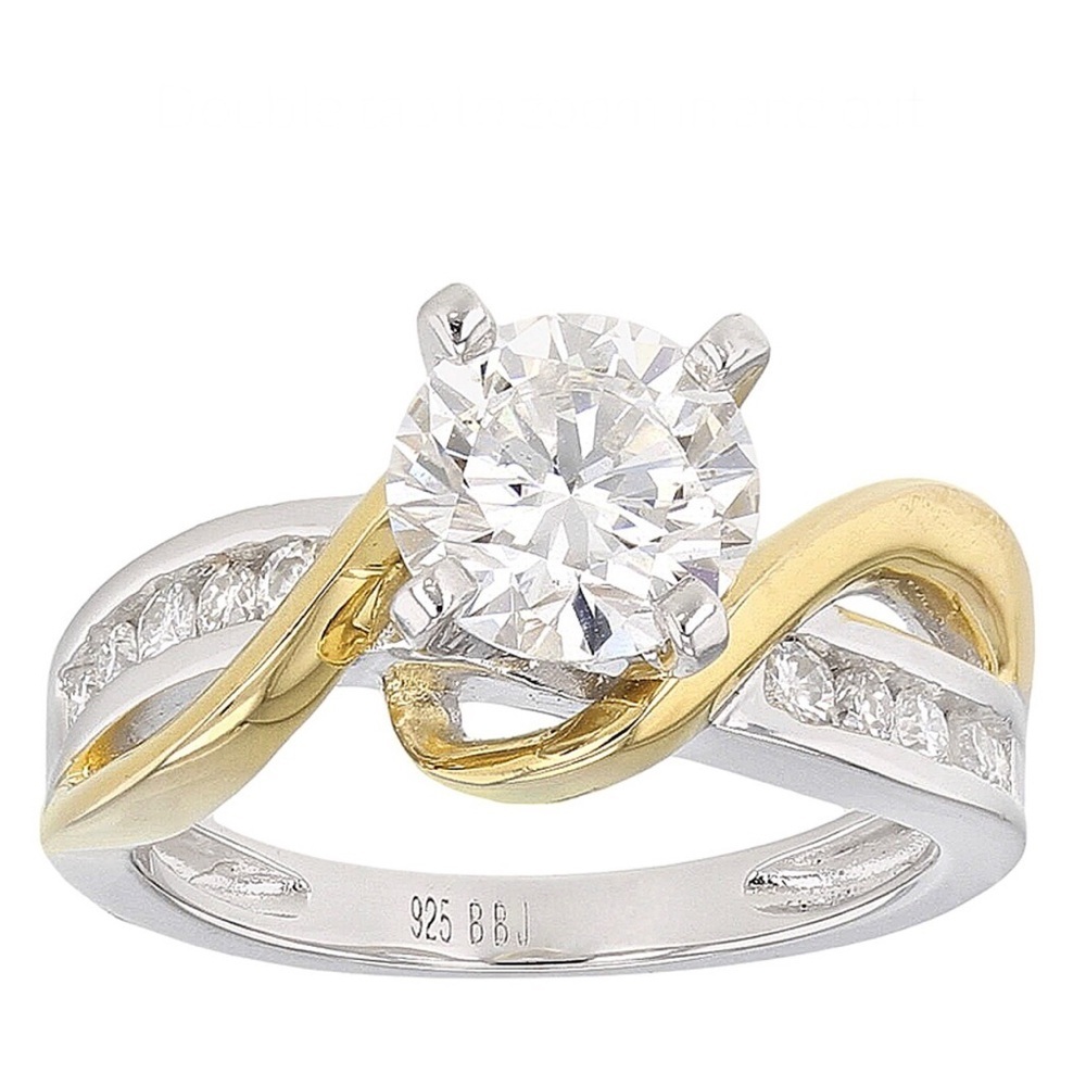 Moissanite Fire Ring Two Tone Crossover 14K Yellow Gold Over 925 Silver Size 7